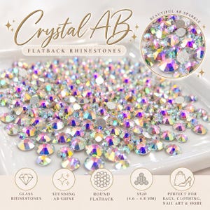 May include: Crystal AB flatback rhinestones featuring a round shape and iridescent finish. The text reads Crystal AB Flatback Rhinestones, Beautiful AB Sparkle, Glass Rhinestones, Stunning AB Shine, Round Flatback, SS20 4.6-4.8 mm, and more.