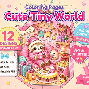 Mundos en miniatura dentro de objetos cotidianos: páginas para colorear / 12 páginas imprimibles para niños / Habitaciones en miniatura, animales kawaii, descarga instantánea en PDF