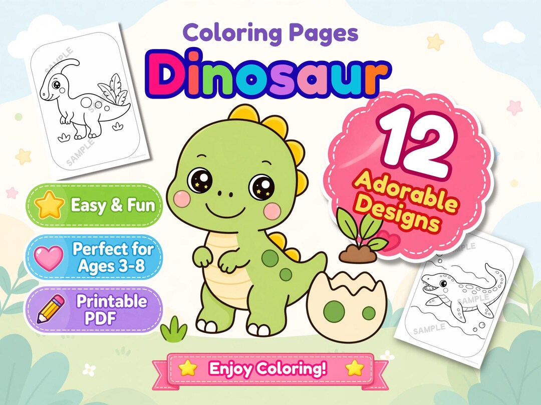 Cute Dinosaur Coloring Pages for Kids (12 Pages) | Kawaii Dino Coloring ...