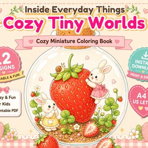 Op de afbeelding: Digitale kleurboekcover "Cozy Tiny Worlds" met een illustratie van een aardbei en konijn. De cover bevat de tekst "Cozy Miniature Coloring Book", "12 Designs" en "Printable PDF". De afbeelding is in A4- en US Letter-formaten.