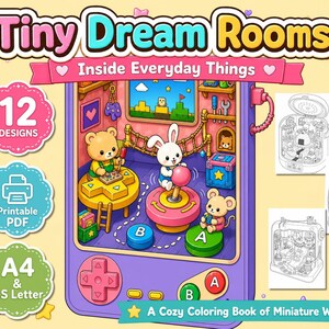 May include: A colorful illustration for a coloring book titled "Tiny Dream Rooms." The image features a purple handheld game console design with cute animal characters inside miniature rooms. The text includes "12 Designs," "Printable PDF," and "A4 & US Letter."
