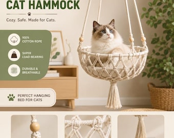 Hand-Woven Macrame Cat Hammock: Boho Cotton Rope Hanging Cat Bed, Large Swing Perch