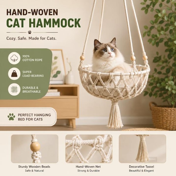 Hand-Woven Macrame Cat Hammock: Boho Cotton Rope Hanging Cat Bed, Large Swing Perch