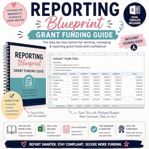 Op de afbeelding: Een subsidiegids getiteld "Reporting Blueprint" met een Excel-sjabloon. De gids bevat een stapsgewijze rapportgids, een Excel-tool en automatische berekeningsfuncties. De omslag is een spiraalgebonden boek.