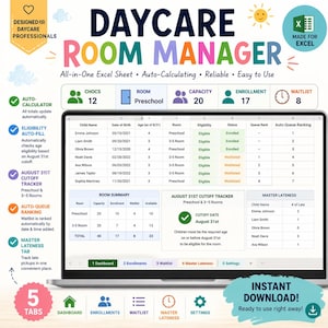 May include: A laptop screen shows a daycare room manager Excel sheet. The software includes features for enrolment, waitlist management, and cutoff tracking. The design is user-friendly, with a focus on automation and ease of use.