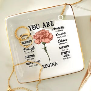 Custom Bible Verse Jewelry Dish, Birth Month Flower Christian Dish For Women, Scripture Ring Holder, Flower Trinket Tray, Faith Gift