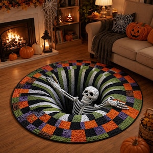 May include: A round rug featuring a 3D optical illusion of a deep black hole with a skeleton emerging from the center. The border consists of a checkered pattern in orange, green, purple, and black, creating a vibrant and spooky visual effect.