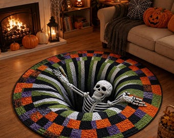 3D Skeleton Halloween Rug, Round Spooky Area Rug, Optical Illusion Floor Mat, Creepy Haunted House Decor