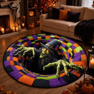 May include: A round rug featuring a 3D optical illusion of a witch emerging from a hole. The witch has glowing yellow eyes, green skin, and a dark hat. The surrounding pattern consists of a checkered design in vibrant purple, orange, and lime green.