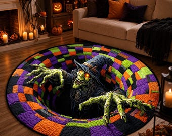 3D Witch Halloween Round Rug, Spooky Haunted House Floor Mat, Creepy Decor