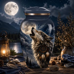 May include: A dark blue cremation urn featuring a detailed graphic of a wolf howling at a full moon. The urn has a smooth, polished finish with a gold-toned metal band around the lid. The design includes a dreamcatcher accent on the wolf.