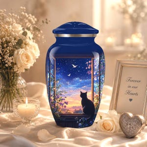 Könnte beinhalten: Marineblaue Urne mit einer detaillierten Malerei einer Katze, die aus einem Fenster einen Sonnenuntergang betrachtet. Die Urne hat einen goldenen Rand und Deckel. Ein gerahmtes Bild mit dem Text "Forever in our Hearts" befindet sich neben der Urne.