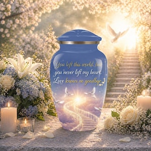 Può includere: Un'urna blu con bordo e coperchio dorati. L'urna presenta l'immagine di una scala verso il cielo con colombe e il testo "You left this world, but you never left my heart. Love knows no goodbye."