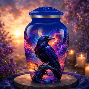 May include: A deep blue cremation urn featuring a vibrant, colorful graphic of a raven perched on a tree branch against a sunset sky with clouds and a moon. The urn has a smooth, rounded body, a matching lid, and a thin metallic band at the neck.