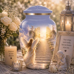 May include: A light blue cremation urn featuring a detailed scene of an angel walking up a staircase toward golden gates. The urn has a smooth finish with a gold-toned band around the lid. The design depicts a bright, ethereal sky and flowers.