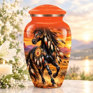 May include: A cremation urn with a bright orange lid and a metallic silver band. The body features a detailed illustration of a black horse adorned with feathers and a handprint symbol, set against a vibrant sunset landscape with desert terrain.