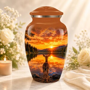 May include: A cylindrical metal cremation urn featuring a vibrant sunset landscape scene over a lake with a deer standing in the foreground. The urn has a smooth orange finish on the upper section and a metallic silver band below the lid.