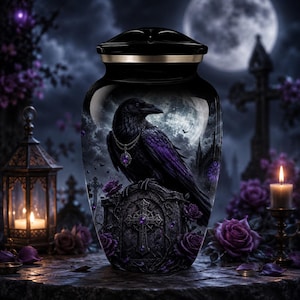 May include: A black cremation urn featuring a detailed graphic of a raven perched on a tombstone with a cross. The design includes purple roses, a full moon, and a raven wearing a necklace with a purple gem. The urn has a smooth, dark finish.