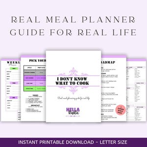 Op de afbeelding: Een verzameling afdrukbare maaltijdplannergidsen in paars en wit. De centrale gids luidt "I Don't Know What to Cook". De gidsen zijn ontworpen voor maaltijdplanning in het echte leven en bevatten een weekplanner, een voorbereidingsgids en een routekaart.