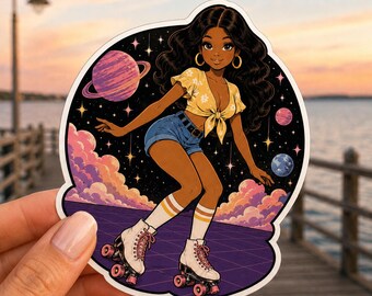 Cute Retro Roller Girl Sticker Rollerskating Black Woman 4" Vinyl Sticker | Waterproof Laptop Decal