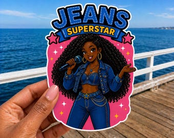Jeans Superstar Black Girl African American Woman Sticker 90s Retro Pop Art Waterproof 5" Large-Size Die-Cut Vinyl Sticker Decal