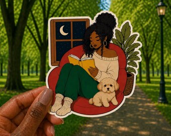 Black Girl Reading Book With Her Dog 5" Large-Size Waterproof Die-Cut Vinyl Sticker Decal