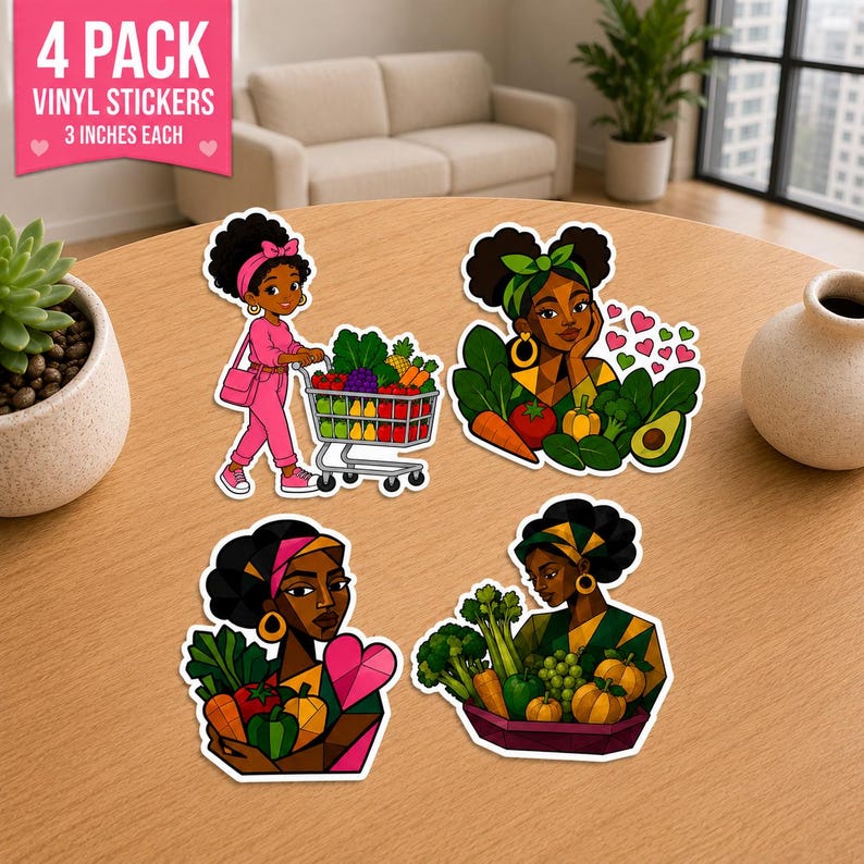 May include: A 4-pack of 3-inch vinyl stickers featuring illustrations of individuals with dark skin and curly hair interacting with fresh produce. The designs include a person with a shopping cart, and others holding vegetables like carrots, broccoli, and avocados.