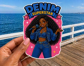 Denim Superstar Black Girl African American Woman Sticker 90s Retro Pop Art Waterproof 5" Large-Size Die-Cut Vinyl Sticker Decal