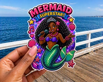Pegatina de sirena superestrella afroamericana, sirena negra, chica sirena, estilo retro pop art de los 90, impermeable, 5 pulgadas, vinilo troquelado de gran tamaño.