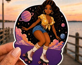 Cute Retro Roller Girl Sticker Rollerskating Black Woman 4" Vinyl Sticker | Waterproof Laptop Decal