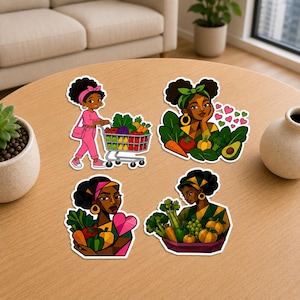 May include: Four die-cut stickers featuring Black individuals with dark skin and curly hair interacting with fresh produce. One shows a person pushing a shopping cart filled with vegetables and fruit. Others depict individuals holding or surrounded by greens.