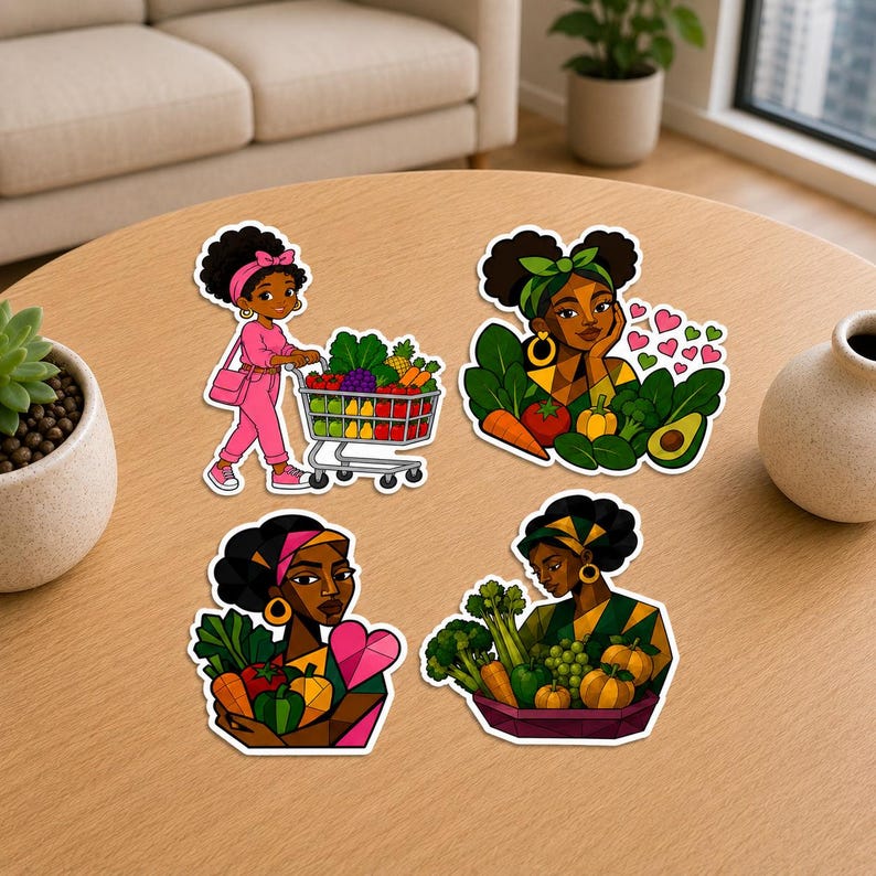 May include: Four die-cut stickers featuring Black individuals with dark skin and curly hair interacting with fresh produce. One shows a person pushing a shopping cart filled with vegetables and fruit. Others depict individuals holding or surrounded by greens.