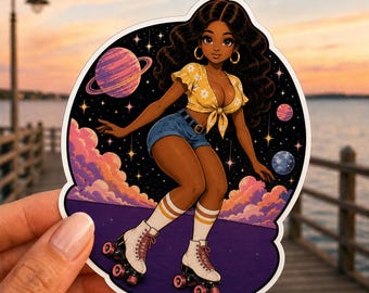 Cute Retro Roller Girl Sticker Rollerskating Black Woman 4" Vinyl Sticker | Waterproof Laptop Decal