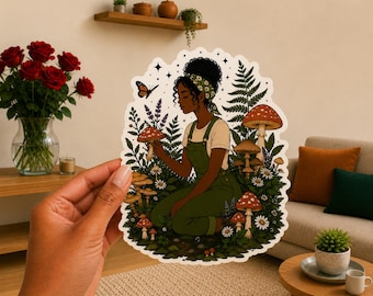 Schwarzes Mädchen im Pilzgarten - Laptop Notebook Wasserflasche 5-Zoll-Die-Cut-Vinyl-Aufkleber