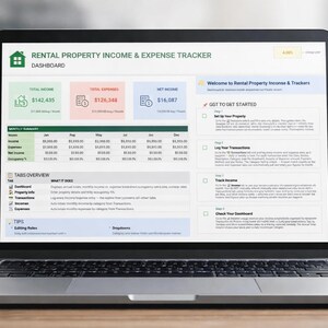 May include: A laptop displaying a rental property income and expense tracker dashboard. The screen shows financial data, including total income, expenses, and net income. The interface includes a monthly summary and tabs for various functions.