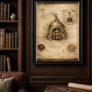 May include: A framed wall art print featuring a sepia-toned parchment illustration of an alchemical furnace with glass beakers, smoke, and handwritten notes. The artwork includes a red wax seal and a circular stamp, displayed in a black frame.