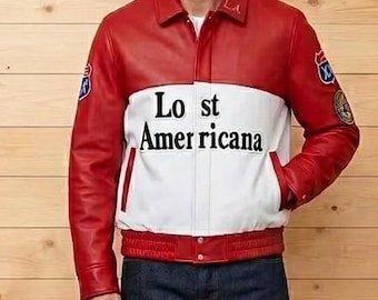 Red White Leather Bomber Jacket Men Vintage Color Block Biker Jacket Retro Americana Streetwear Casual Motorcycle Coat