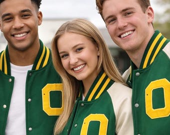 Green Varsity Jacket Wool & Leather Letterman Bomber Jacket Unisex College Style Retro Baseball Coat Custom Gift for Men Women