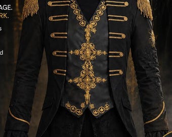 Black Gold Military Jacket Men Women, Gothic Stage Coat, Embroidered Concert Blazer, Cosplay Costume, Rock Fashion Outfit