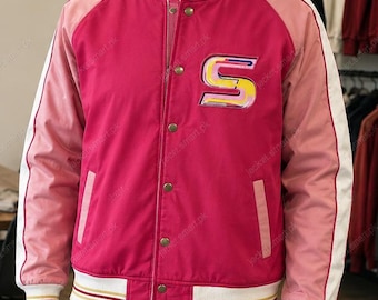 Pink Varsity Jacket Women, Letterman Bomber Jacket with S Patch, Custom Initial College Jacket, Retro Streetwear Oversized Girlfriend Gift