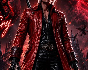 Dante Inspired Red Leather Trench Coat, Devil May Cry Cosplay Jacket, Long Red Costume Coat, Halloween Gamer Gift