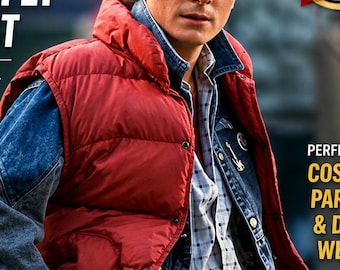 Chaleco acolchado rojo de Marty McFly, disfraz de Regreso al Futuro, chaqueta retro de película de los 80, chaleco acolchado sin mangas, regalo para hombres y mujeres.