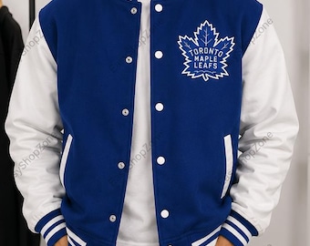 Maple Leafs Varsity Jacket Men Women, Blue White Letterman Jacket, Wool Body Leather Sleeves, Baseball Bomber Streetwear Gift