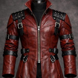 May include: A burgundy leather coat with black detailing, including a high collar, a front zip, and several buckles. The long coat has a tailored fit and is displayed on a mannequin. The coat's design includes shoulder details and long sleeves.