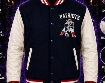 New England Patriots Varsity Jacket, Navy Blue Wool & Cream Leather Letterman Jacket, Football Fan Gift, Custom Jacket