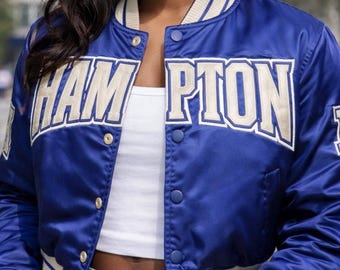 Hampton University Cropped Varsity Jacket Women HU Satin Bomber Letterman Blue HBCU Jacket Vintage Streetwear College Jacket Gift Valentines