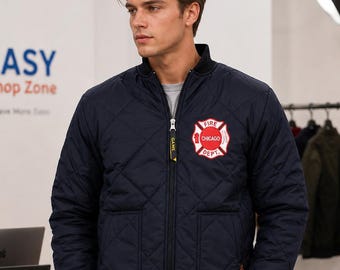 Men's Navy Blue Firefighter Quilted Bomber Jacket Vintage Rescue Uniform Style Coat Casual Streetwear Winter Zip Up Jacket Gift
