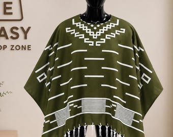 Green Mexican Poncho for Women Men Boho Aztec Print Cape Tribal Fringe Shawl Festival Outfit Ethnic Blanket Poncho Gift
