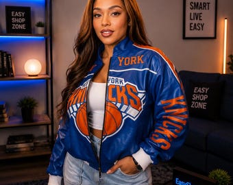 New York Basketball Leather Varsity Jacket Women Blue Orange Bomber Jacket Custom Town Style Streetwear Coat Gift
