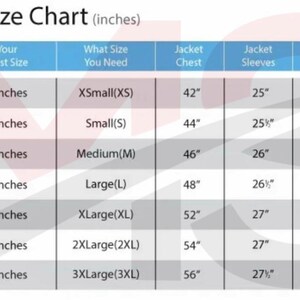 May include: A size chart for men's jackets, with measurements in inches. The chart includes chest size, jacket size, chest, sleeve, and shoulder measurements. Sizes range from XSmall to 3XLarge.